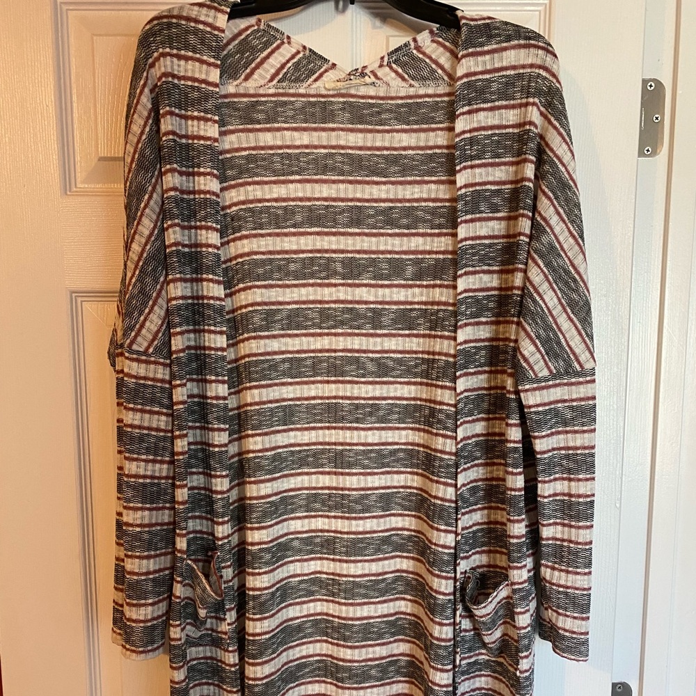 Duster cardigan - rust/dark red stripe with black and white stripes.
